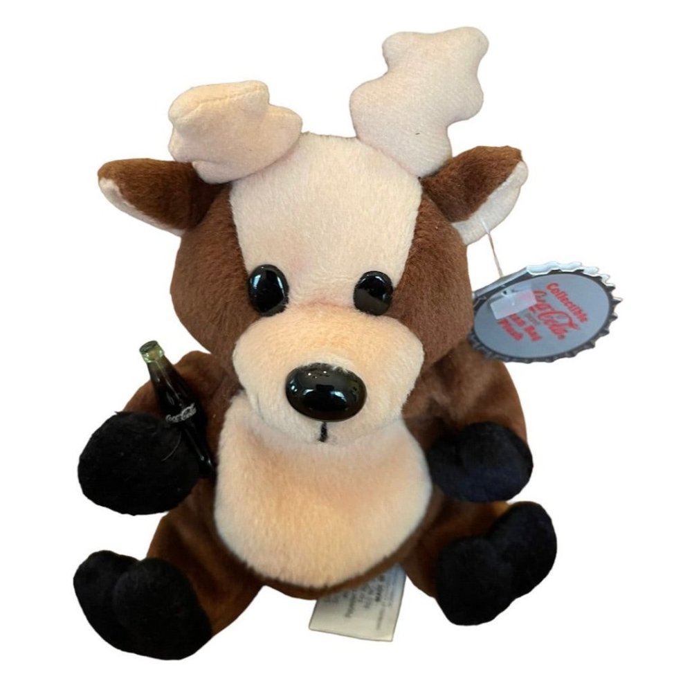 Coca Cola Beanie Plush Reindeer with Coke Bottle 1998 Stuffed Animal 6"